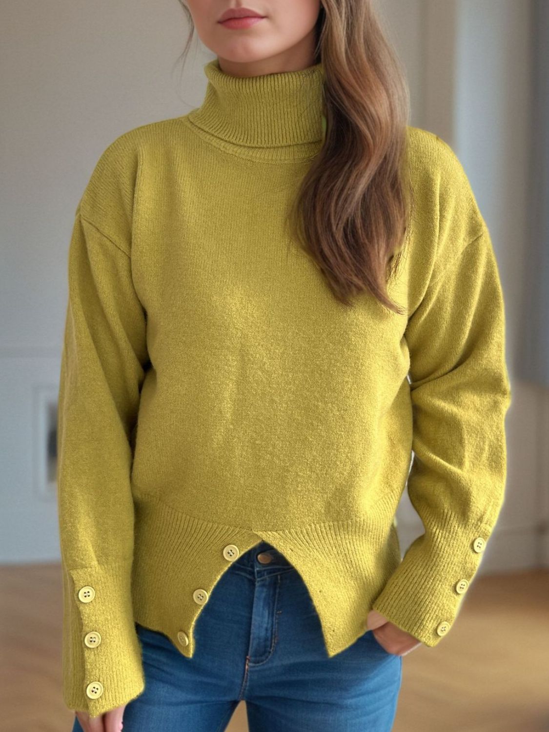 Front Slit Decorative Button Turtleneck Sweater